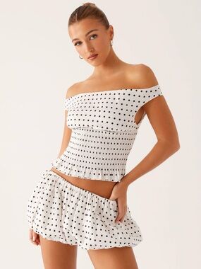 Peppermayo Polka Dot Off-Shoulder Smocked Top and Skort Set